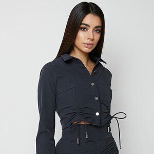 Maniere De Voir Ruched Drawstring Button Long Sleeve Crop Top 6